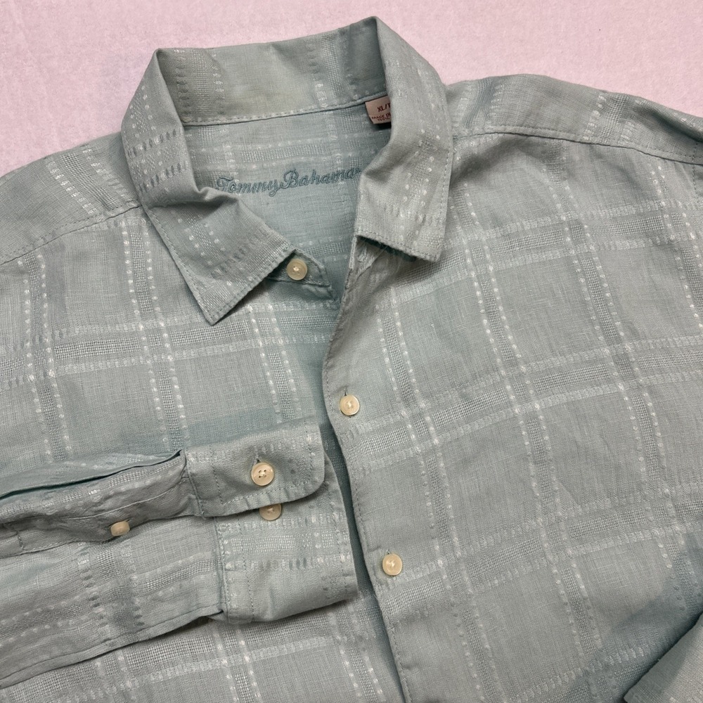 Tommy Bahama Linen Shirt XL Mint Windowpane Check‎ Casual Mens